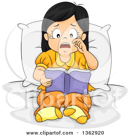 Clipart of a Sad Asian Girl Sitting on a Bed and Crying Whiel Reading a Sad Story Book - Royalty Free Vector Illustration by BNP Design Studio