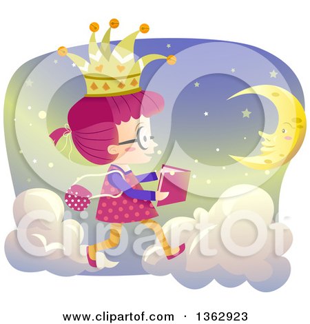Clipart of a Pink Haired Caucasian Girl Reading a Story Book and Reading While Walking on Clouds - Royalty Free Vector Illustration by BNP Design Studio