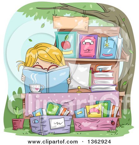 Clipart of a Blond White Girl Reading Behind a Book at a Yard Sale - Royalty Free Vector Illustration by BNP Design Studio