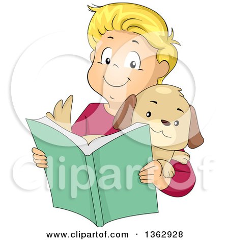 Clipart of a Happy Blond White Boy Holding a Puppy and Reading a Book - Royalty Free Vector Illustration by BNP Design Studio
