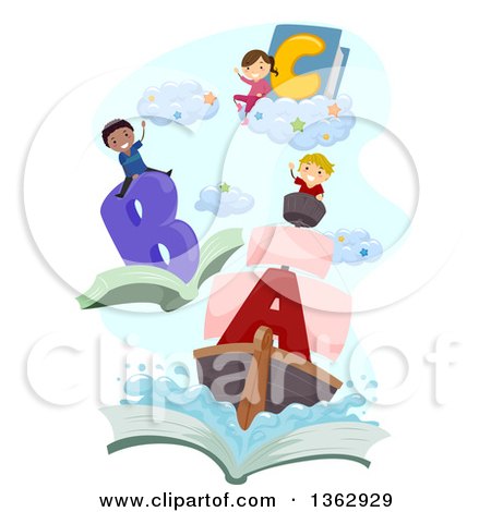 Clipart of School Children on Alphabet Books - Royalty Free Vector Illustration by BNP Design Studio
