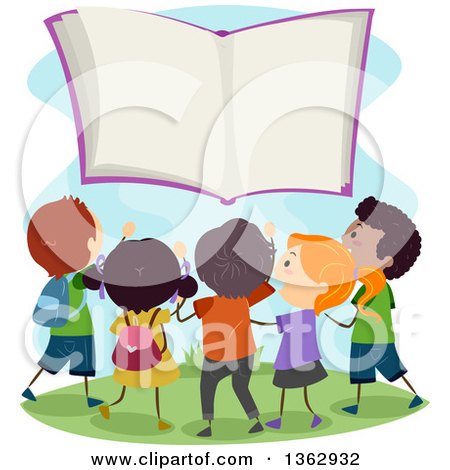Clipart of a Group of Children Gathered Around a Floating Book - Royalty Free Vector Illustration by BNP Design Studio
