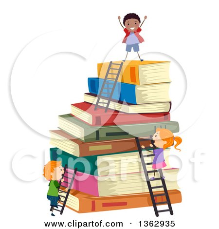 Clipart of School Children Climbing Ladders to the Top of a Stack of Books - Royalty Free Vector Illustration by BNP Design Studio