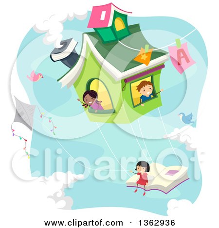 Clipart of a Flying Book House and Children in the Sky - Royalty Free Vector Illustration by BNP Design Studio