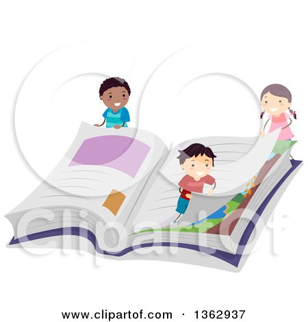 Clipart of School Children Turning the Page of a Giant Book - Royalty Free Vector Illustration by BNP Design Studio