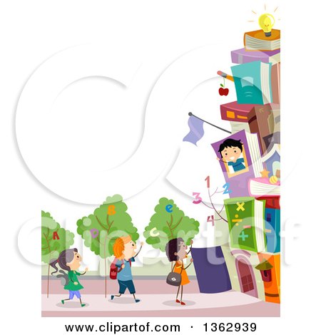 Clipart of a Border of School Children with a Book Building and Alphabet Trees - Royalty Free Vector Illustration by BNP Design Studio