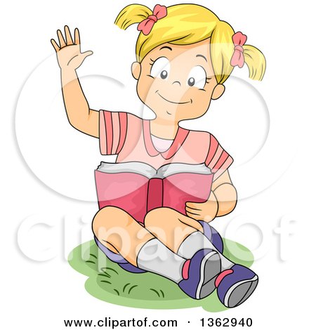Clipart of a Happy Blond White Girl Reading a Book and Raising Her Hand - Royalty Free Vector Illustration by BNP Design Studio