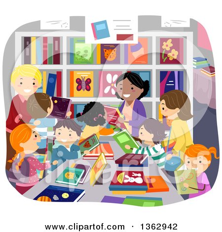 Clipart of School Children and Parents at a Book Sale - Royalty Free Vector Illustration by BNP Design Studio