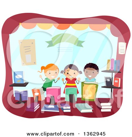 Clipart of Happy School Children in a Book Store Window - Royalty Free Vector Illustration by BNP Design Studio