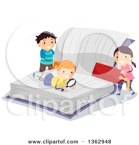Clipart of a Boy and Girls Reading a Giant Book - Royalty Free Vector Illustration by BNP Design Studio