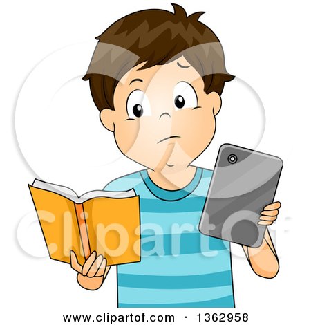 Clipart of a Brunette White Boy Comparing a Tablet or E Reader to a Book - Royalty Free Vector Illustration by BNP Design Studio
