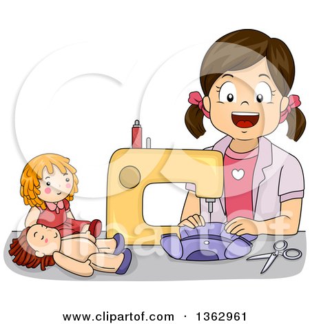 Clipart of a Happy Brunette White Girl Sewing Doll Clothes with a Machine - Royalty Free Vector Illustration by BNP Design Studio