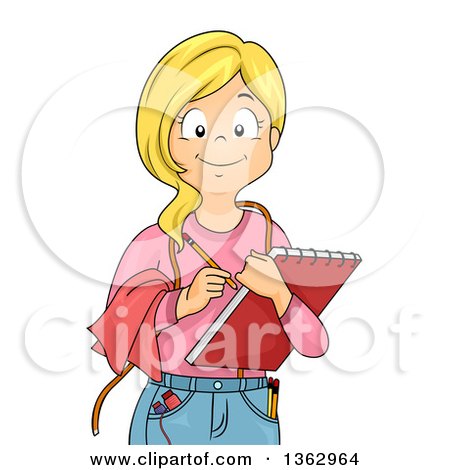 Clipart of a Happy Blond White Girl Dressed As a Tailor, Holding a Sketch Pad - Royalty Free Vector Illustration by BNP Design Studio