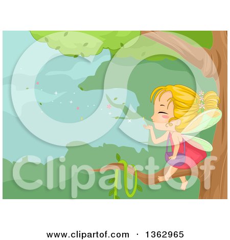 Clipart of a Blond White Female Fairy Sitting on a Tree Branch and Blowing Magic Dust into the Forest - Royalty Free Vector Illustration by BNP Design Studio