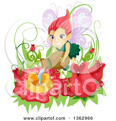 Clipart of a Red Haired Female Fairy Watering Flowers in a Garden - Royalty Free Vector Illustration by BNP Design Studio