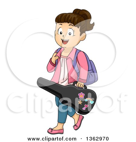 Clipart of a Happy Brunette White School Girl Carrying a Violin Case - Royalty Free Vector Illustration by BNP Design Studio
