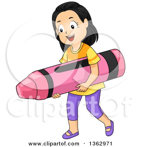 Clipart of a Happy School Girl Carrying a Giant Crayon - Royalty Free Vector Illustration by BNP Design Studio