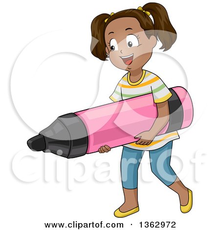 Clipart of a Happy Black School Girl Carrying a Giant Marker - Royalty Free Vector Illustration by BNP Design Studio