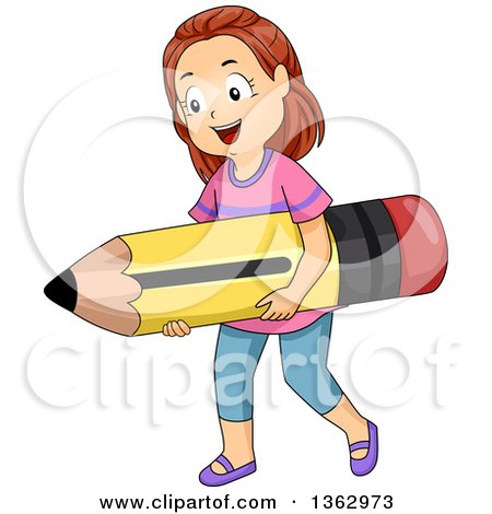Clipart of a Happy Brunette White School Girl Carrying a Giant Pencil - Royalty Free Vector Illustration by BNP Design Studio