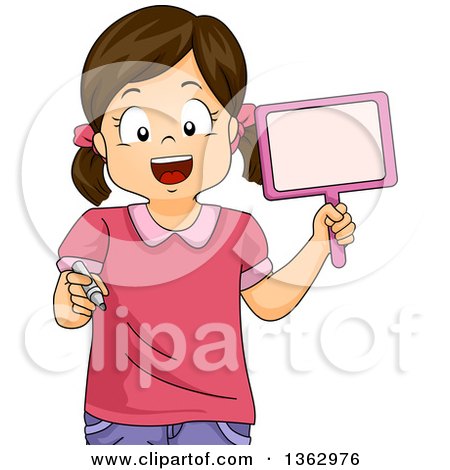Clipart of a Brunette White School Girl Holding a Paddle and Crayon - Royalty Free Vector Illustration by BNP Design Studio