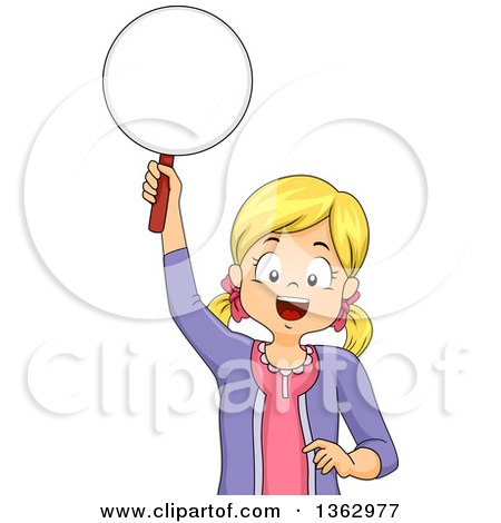 Clipart of a Happy Blond White Girl Holding up a Paddle, Ready to Answer a Question - Royalty Free Vector Illustration by BNP Design Studio