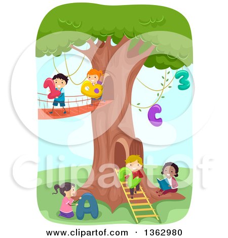 Clipart of School Children with Numbers and Alphabet Letters at a Tree House - Royalty Free Vector Illustration by BNP Design Studio
