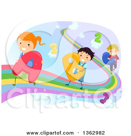 Clipart of Happy School Children with Numbers, Carrying Alphabet Letters on a Rainbow - Royalty Free Vector Illustration by BNP Design Studio