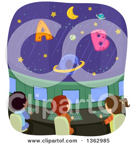 Clipart of School Children in a Space Ship, Viewing Alphabet Letter Planets - Royalty Free Vector Illustration by BNP Design Studio