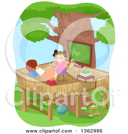 Clipart of a School Girl Teaching Her Peers the Alphabet on a Tree Platform - Royalty Free Vector Illustration by BNP Design Studio