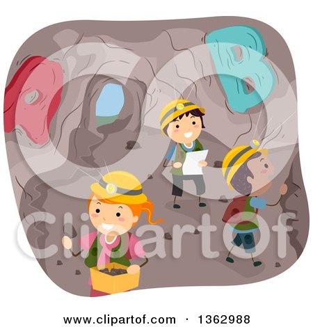 Clipart of School Children in a Cave with Alphabet Letters - Royalty Free Vector Illustration by BNP Design Studio