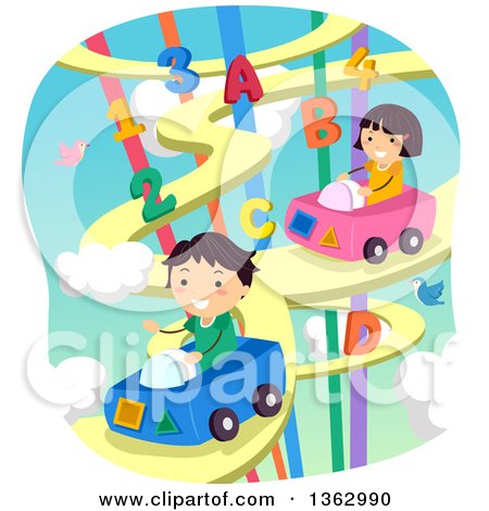 Clipart of School Children Driving Cars on a Road in the Sky with Alphabet Letters and Numbers - Royalty Free Vector Illustration by BNP Design Studio