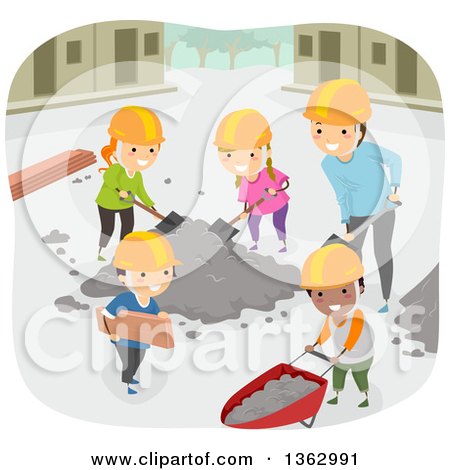 Clipart of a Teacher and Children Doing Construction Community Service - Royalty Free Vector Illustration by BNP Design Studio