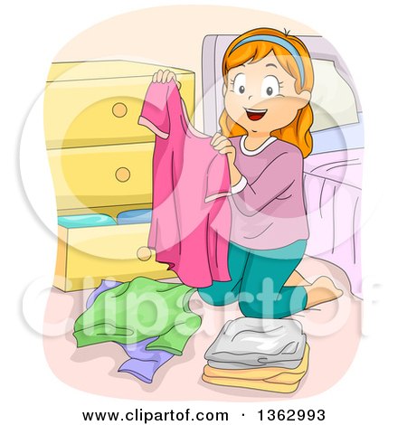 Clipart of a Happy Red Haired White Girl Folding and Putting Away Her Laundry - Royalty Free Vector Illustration by BNP Design Studio