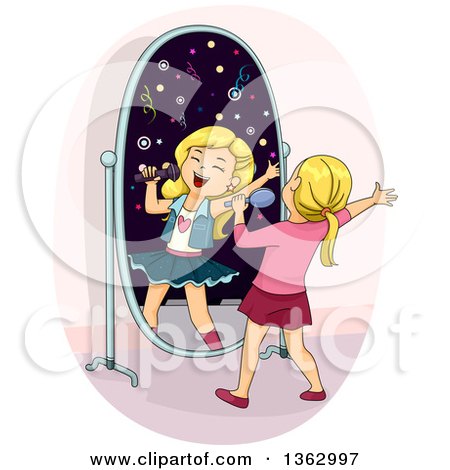 Clipart of a Blond White Girl Singing in Front of a Mirror, Imagining She Is Famous - Royalty Free Vector Illustration by BNP Design Studio
