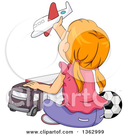 Clipart of a Rear View of a Red Haired White Girl Sitting on the Floor and Playing with Boy Toys - Royalty Free Vector Illustration by BNP Design Studio