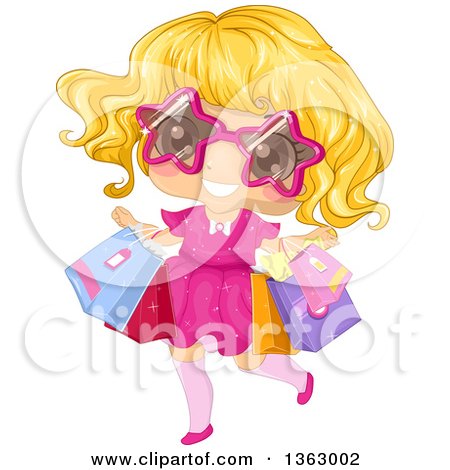 Clipart of a Happy Blond White Girl Wearing Star Sunglasses and Carrying Shopping Bags - Royalty Free Vector Illustration by BNP Design Studio