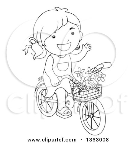 Clipart of a Black and White Lineart Girl Waving and Riding a Bicycle - Royalty Free Vector Illustration by BNP Design Studio