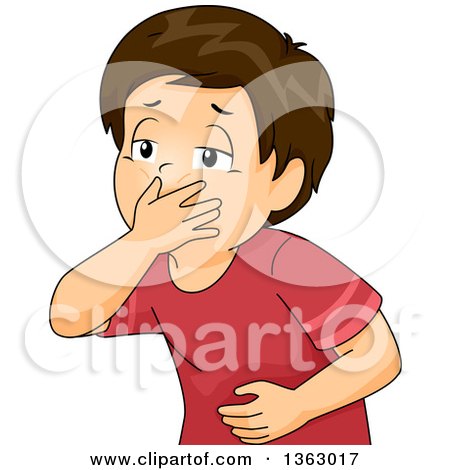 Clipart of a Sick Brunette White Boy Covering His Mouth, About to Puke - Royalty Free Vector Illustration by BNP Design Studio
