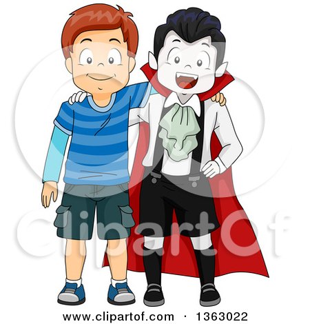 Clipart of a Happy Brunette White Boy Posing with a Vampire - Royalty Free Vector Illustration by BNP Design Studio