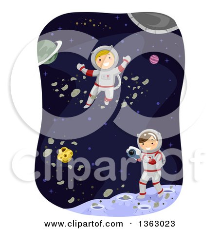 Clipart of Caucasian Boy Astronauts Taking Pictures in Outer Space - Royalty Free Vector Illustration by BNP Design Studio