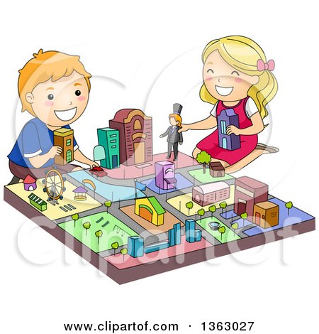 Clipart of a Boy and Girl Playing with a Toy City - Royalty Free Vector Illustration by BNP Design Studio