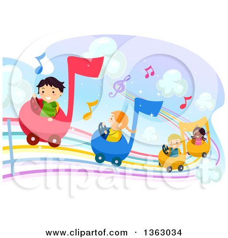 Clipart of a Group of Children Driving Music Notes Cards on a Rainbow Staff - Royalty Free Vector Illustration by BNP Design Studio