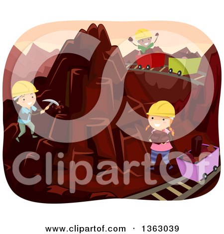 Clipart of Happy Children Mining a Chocolate Mountain - Royalty Free Vector Illustration by BNP Design Studio