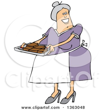 Clipart of a Cartoon Happy Chubby White Senior Woman Holding a Tray of Fresly Baked Brownies - Royalty Free Vector Illustration by djart