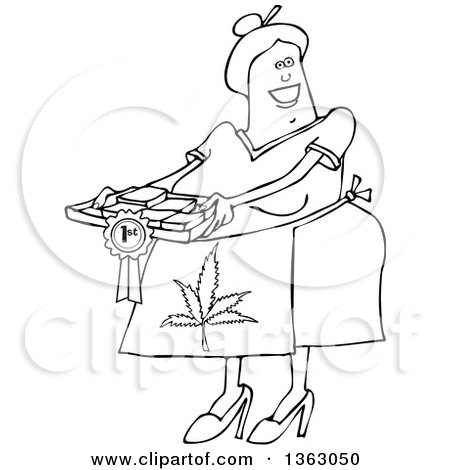 Clipart of a Cartoon Black and White Happy Chubby Senior Woman Wearing a Pot Leaf Apron and Holding a Tray of First Place Fresly Baked Marijuana Brownies - Royalty Free Vector Illustration by djart