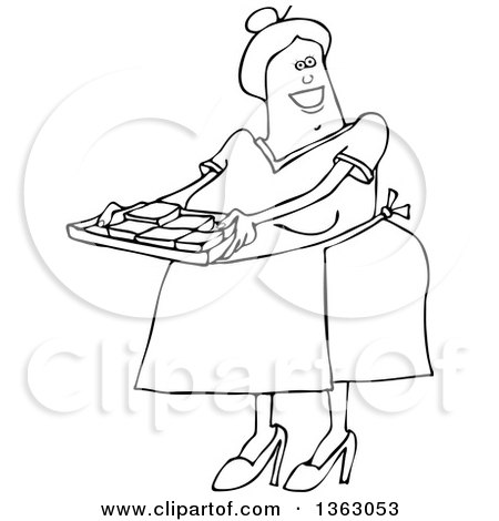 Clipart of a Cartoon Black and White Happy Chubby Senior Woman Holding a Tray of Fresly Baked Brownies - Royalty Free Vector Illustration by djart