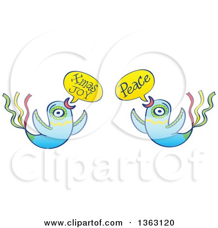 Clipart of Colorful Birds Flying and Wishing Peace and Christmas Joy - Royalty Free Vector Illustration by Zooco