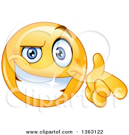 Clipart of a Cartoon Cool Yellow Smiley Face Emoticon Emoji Grinning and Pointing at You - Royalty Free Vector Illustration by yayayoyo