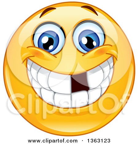 Clipart of a Cartoon Yellow Smiley Face Emoticon Emoji Grinning and Showing a Missing Tooth - Royalty Free Vector Illustration by yayayoyo