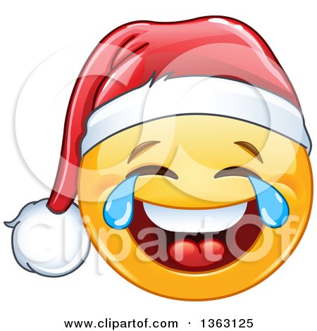 Clipart of a Cartoon Yellow Smiley Face Emoticon Emoji Wearing a Santa and Laughing with Tears of Joy - Royalty Free Vector Illustration by yayayoyo